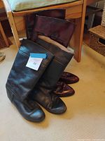 Both pairs of boots standing side by side, showing colors and height