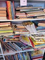 Shelves filled with stacked and shelved children’s books in multiple formats
