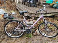 Full left side view of Schwinn lavender bicycle with basket