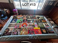 Overhead view of entire lot of vinyl records laid out, sleeves visible