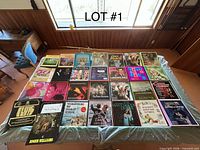 Overhead view showing entire lot of roughly 30 vinyl LPs laid out on a table