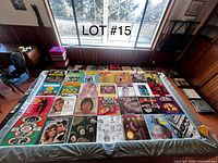 Overhead view of all 42 LPs laid out on a table showing cover art