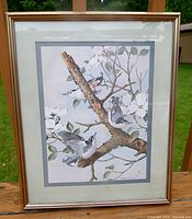 Full view of framed bird print with frame and mat visible