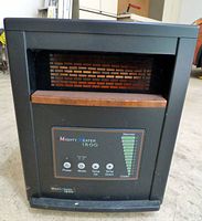 Full view of Mighty Heater 1500 front showing vent, wood trim and control panel
