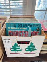 Cardboard storage box filled with stacked LP records; front record The Surfaris visible