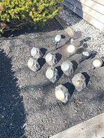 Group view of faux-rock lights and stake spotlights arranged on mulch
