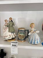 Group shot of three items: dancing couple figurine, Kentucky stein, girl figurine
