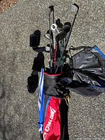 Bag with clubs and umbrella showing Spalding branding
