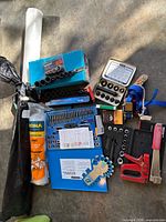 Overall lot with tap & die set, sockets, punch kit, staplers, staples