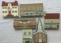 All six Cat's Meow wooden buildings front view