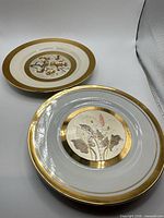 Two chokin porcelain plates, calla lilies plate in foreground, birds plate in background