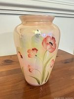 Full view of iridescent pink vase with floral design