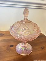 Full view of Fenton pink opalescent covered compote
