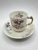 Cup on saucer showing full set and floral design