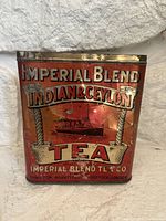 Front view showing Imperial Blend Indian & Ceylon Tea graphics and company locations