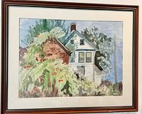 Frontal view of framed watercolour showing subject and frame
