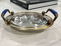 Top view of stainless tray with gold rim and blue-handled brass arms