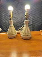 Pair of lamps lit with bulbs attached