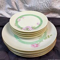 Stack of eight plates showing both sizes, painted florals, green band, gold rim
