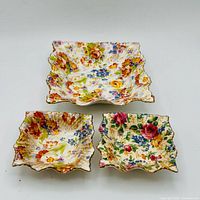 Top view showing all three floral chintz dishes