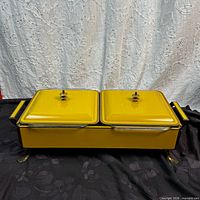 complete chafing set assembled with lids on, showing base, frame, lids