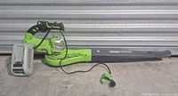 Full view of leaf blower with attached tube and charger showing overall condition