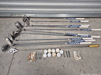 Clubs, retriever, balls, tees, divot tools, markers laid out