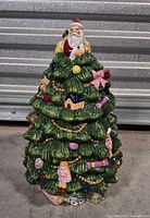 Front view of Spode Christmas Tree cookie jar with lid