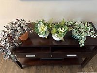 All four artificial potted plants on console table