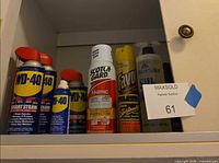 Shelf showing three WD-40 cans, Scotchgard, Favor, additional bottles