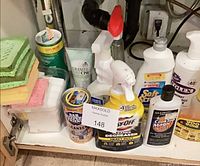 Overall view of all cleaning products and tools under sink