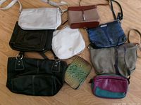 all eight purses and clutch laid out for overview