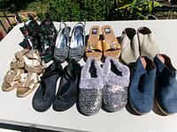 All eight pairs of women’s shoes displayed on table