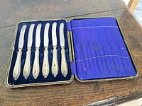 Open case showing six knives seated in blue velvet interior