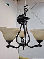 Overall view of bronze chandelier showing three frosted glass shades and wiring