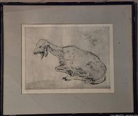Full view of framed etching showing image, mat and frame