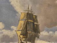 Upper portion of painting showing masts and sky