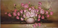 Full view of oil painting showing roses in vase