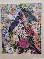 Full view of vertical canvas showing entire composition with birds and flowers