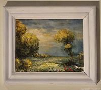 Full view of framed impressionist landscape oil painting