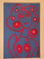 Full view of painting showing stylized female figure, colors, framing