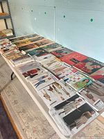 Overview of table with rows of sewing pattern envelopes and books