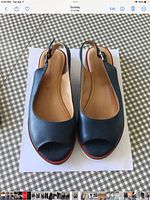 Top view of both sandals showing navy leather uppers, peep toe and slingback straps