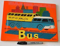 Front view of Sifo wooden Bus puzzle showing complete set of bus pieces and printed graphics