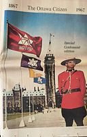 Front cover showing RCMP officer, Parliament clock tower and Centennial flags