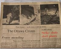 Full front page showing moon-landing photos and main headlines