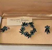 Full set in box showing brooch, earrings and branded card