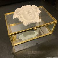 Oblique view showing glass box, gold frame, white face ornament
