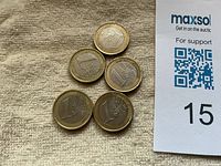 Five coins showing common reverse side with numeral 1 and EU map