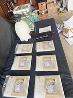 Overall lot showing tank sprayer, six packaged chair covers, wand, box